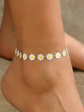 Daisy Flower Ankle Bracelet Golden White Daisy Chain Anklet Summer Vacation
